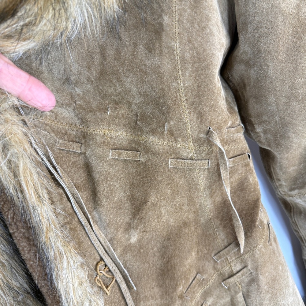 XOXO Leather Jacket Women Small Tan Faux Fur Trim Penny Lane Boho 64249 - Picture 11 of 16